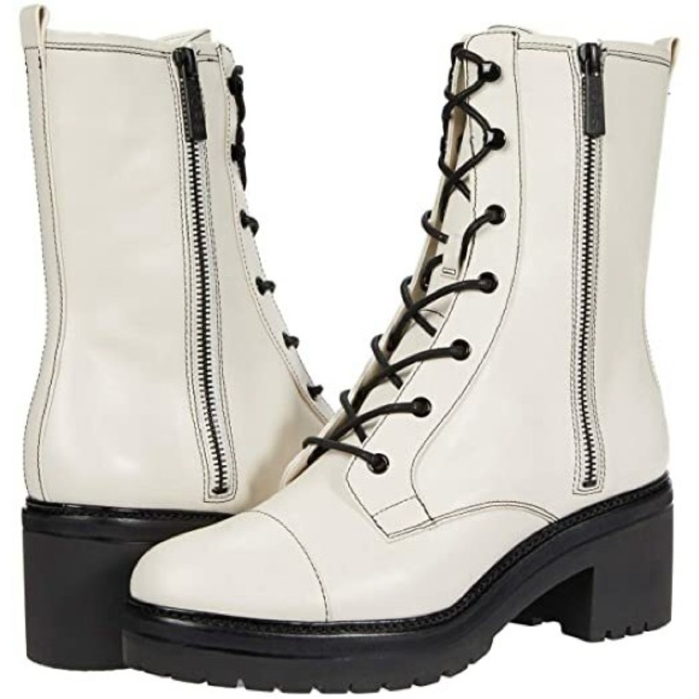 Michael Kors Anaka Booties Light Cream Leather Lace-Up Combat Boots